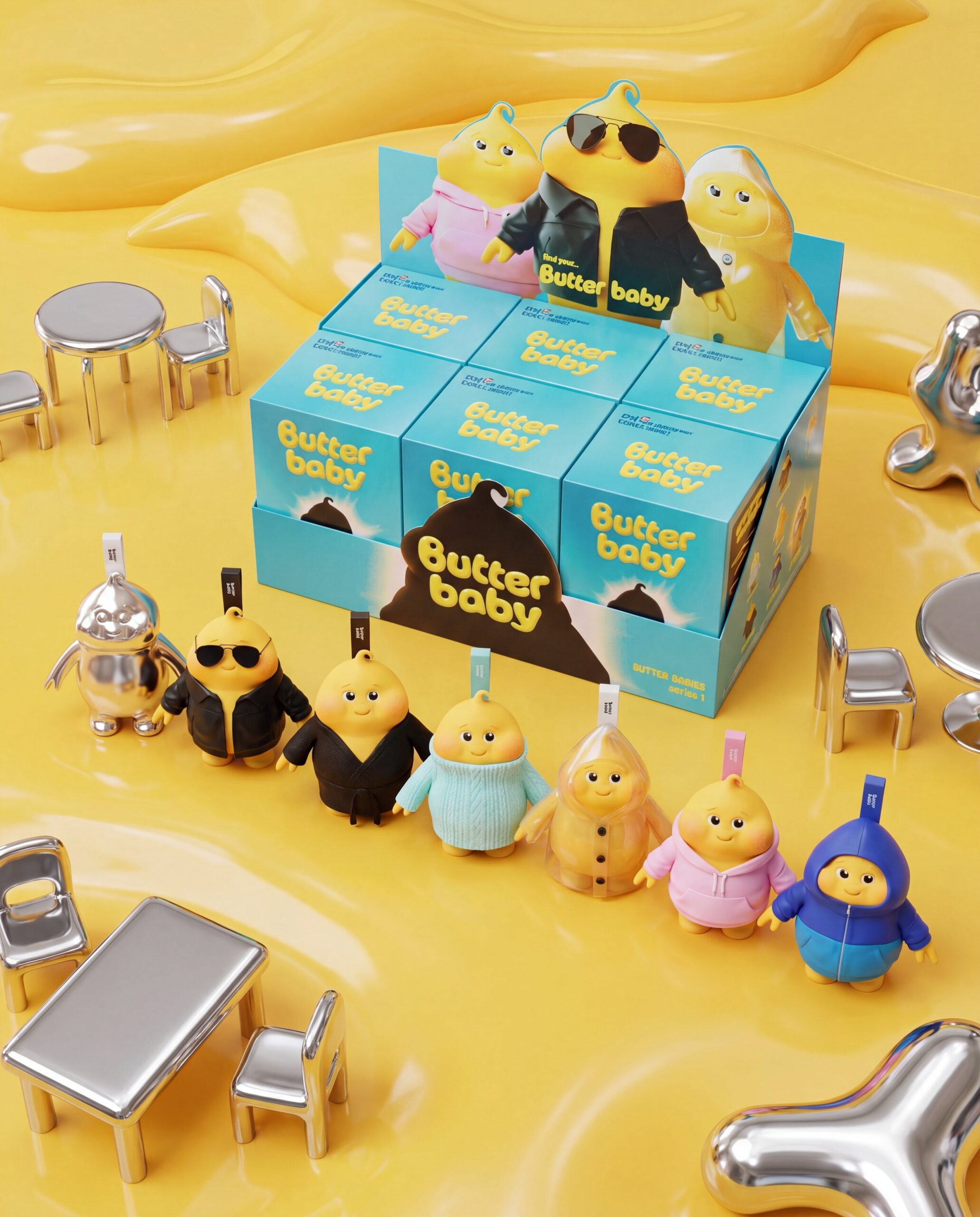 Butter Babies Series 1 samlarfigurer framför blå blind box-förpackningar